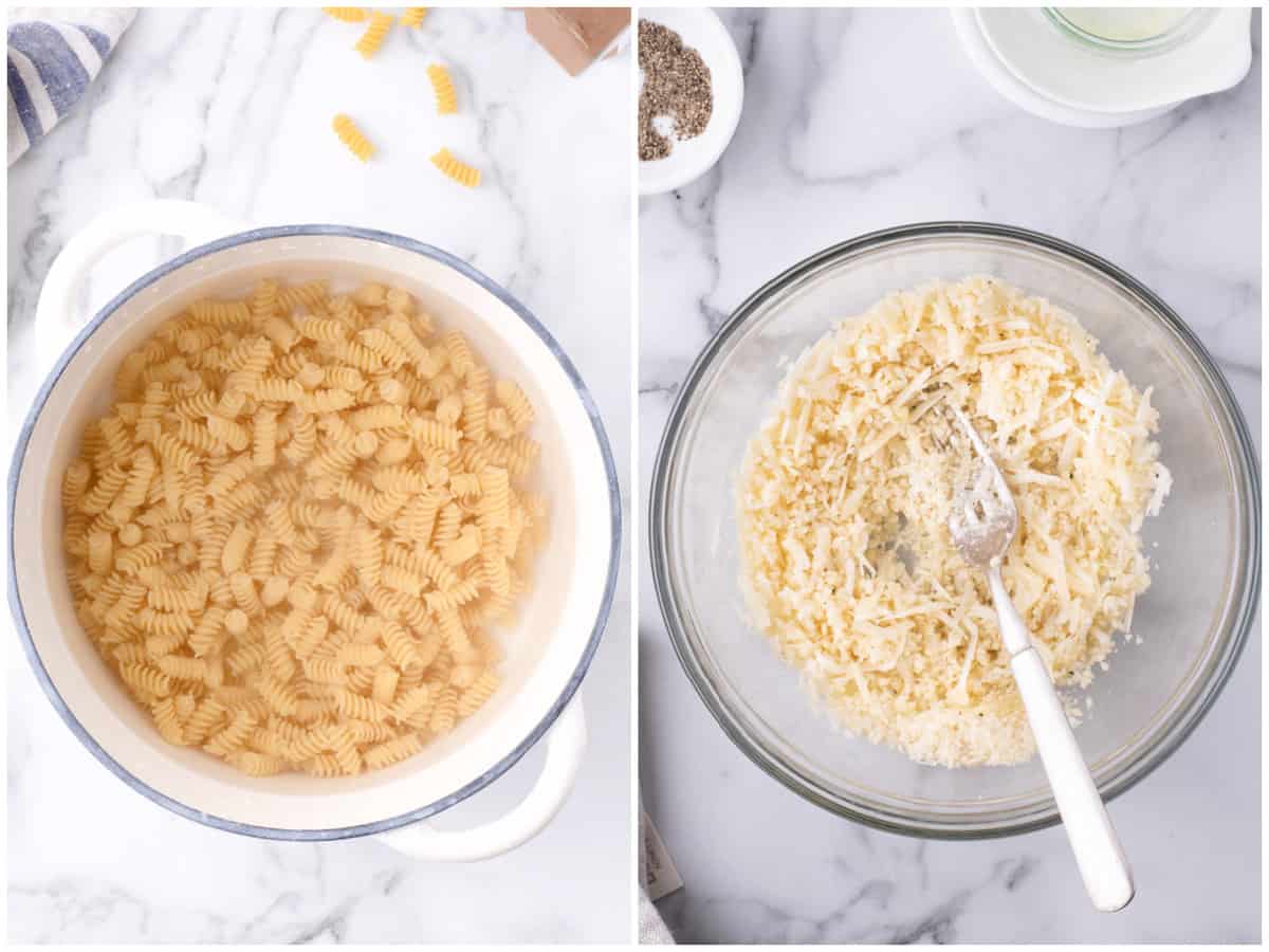 collage of two photos: cooked rotini in water in a pot and a clear bowl with panko breadcrumbs, parmesan cheese with a fork.