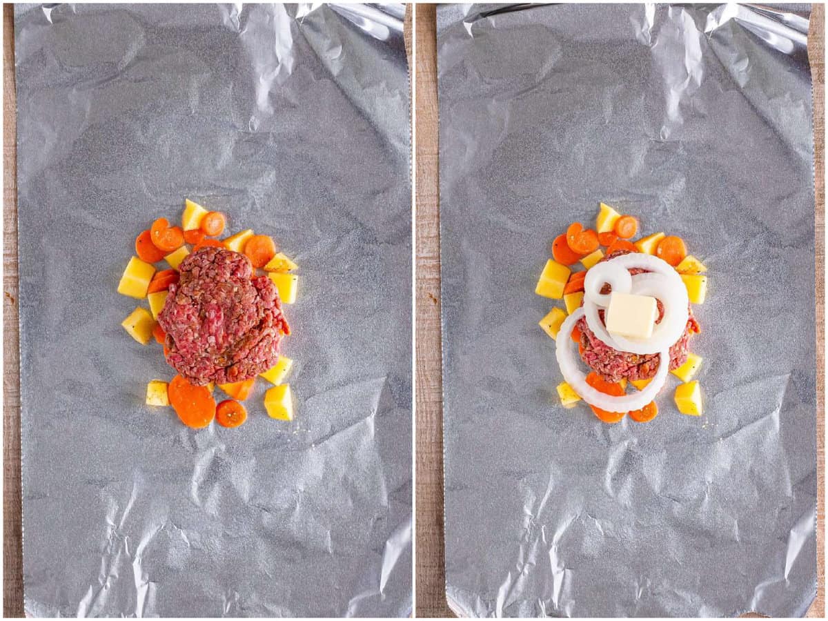 collage of two photos: piece of aluminum foil with potato carrot mixture and ground beef burger mixture on top and a piece of foil with vegetable mixture, a burger patty, butter and onion slices.