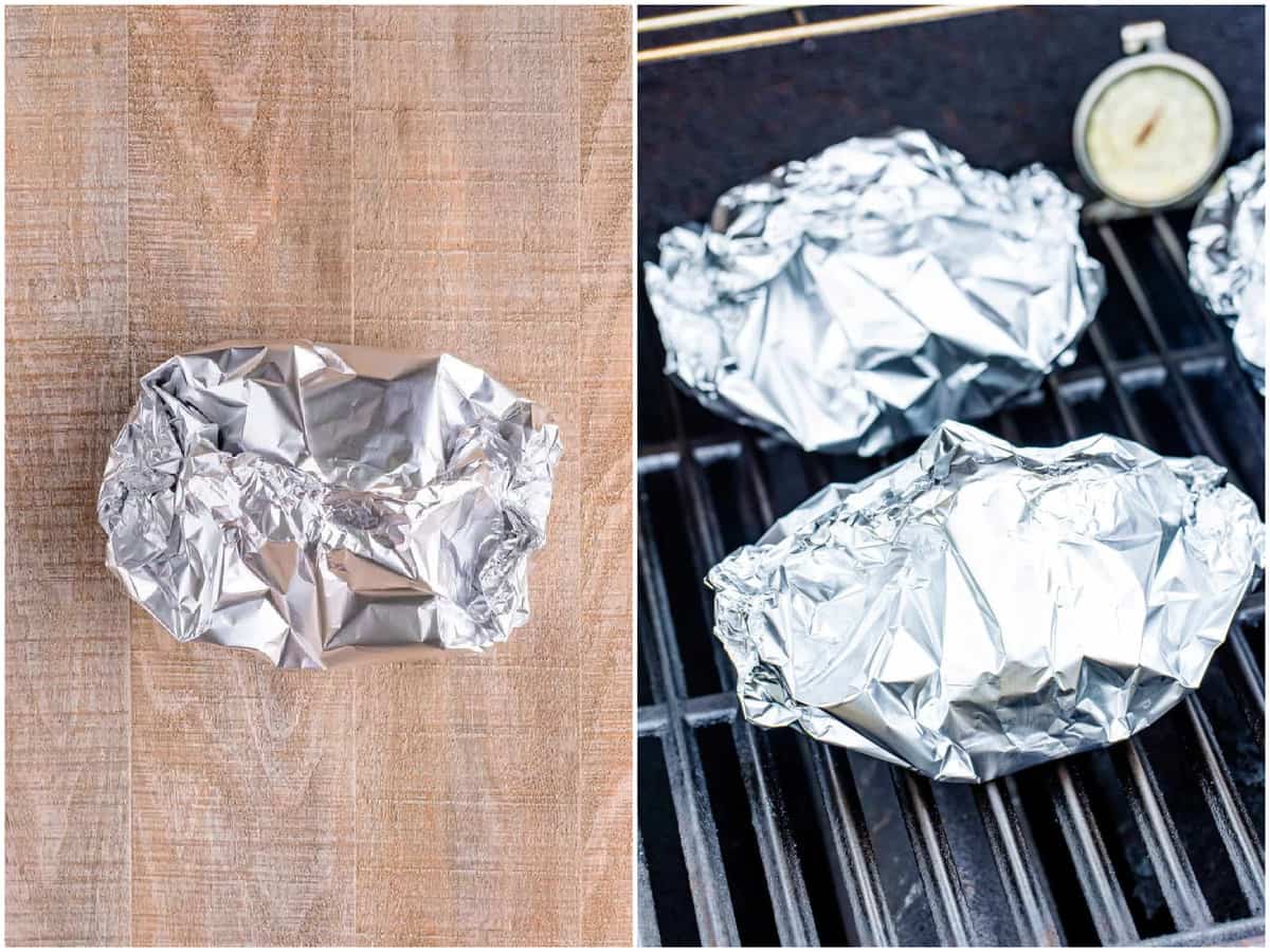 a collage of two photos: a cinched up Hamburger Hobo Packet in foil, two hobo packets shown on a gas grill. 