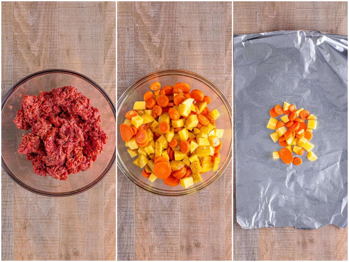 collage of three photos: a mixing bowl with ground beef mixed with spices, a clear bowl with carrots, potatoes and spices and aluminum foil topped with potato, carrot mixture.