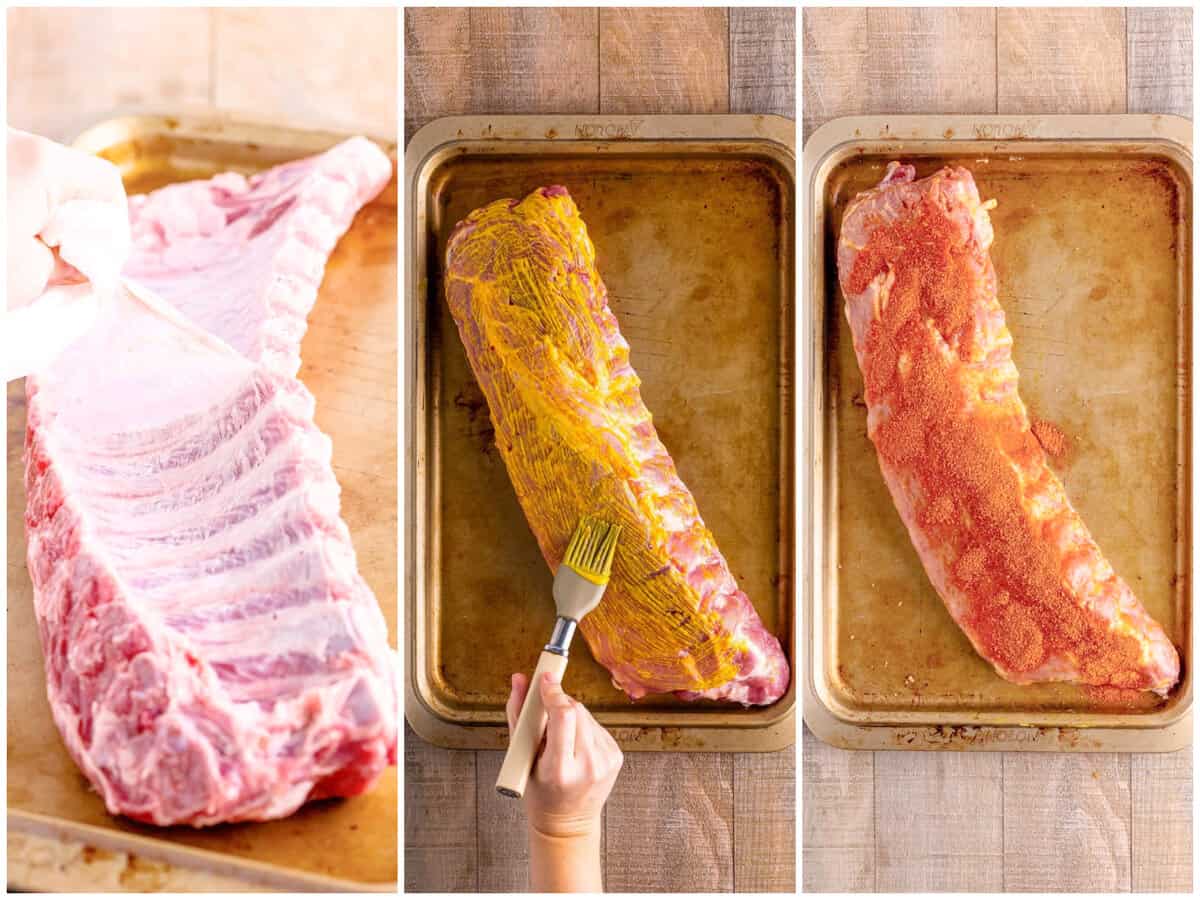 a collage of three photos: a hand using a paper towel to pull off the membrane on the back of a rack of ribs, brushing mustard onto a rack of ribs, spreading BBQ seasoning on top of the ribs. 
