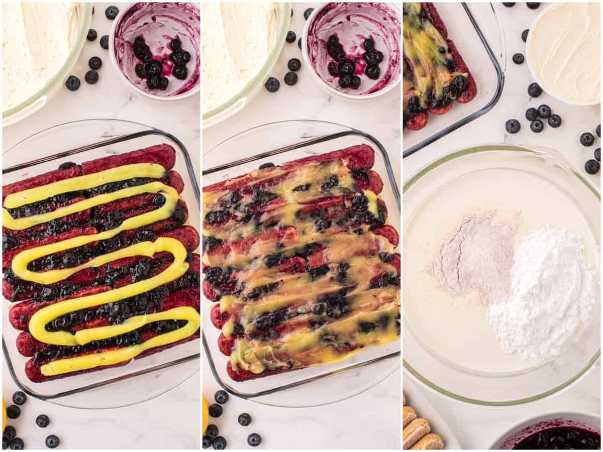a collage of three photos: lemon curd spread over a layer of blueberry soaked lady fingers; lemon curd mixed with blueberries on top of lady fingers; a mixing bowl with heavy cream, powdered sugar and French vanilla pudding mix.