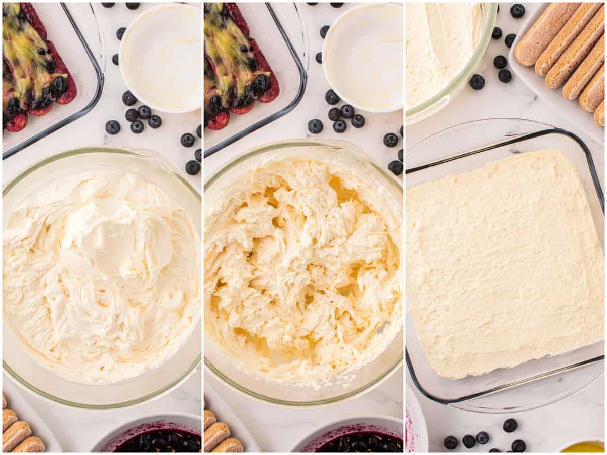 a collage of three photos: a mixing bowl of whipped cream mixture; mascarpone cheese mixed into a whipped cream mixture; mascarpone cheese mixture spread on top of blueberry ladyfingers in baking dish.