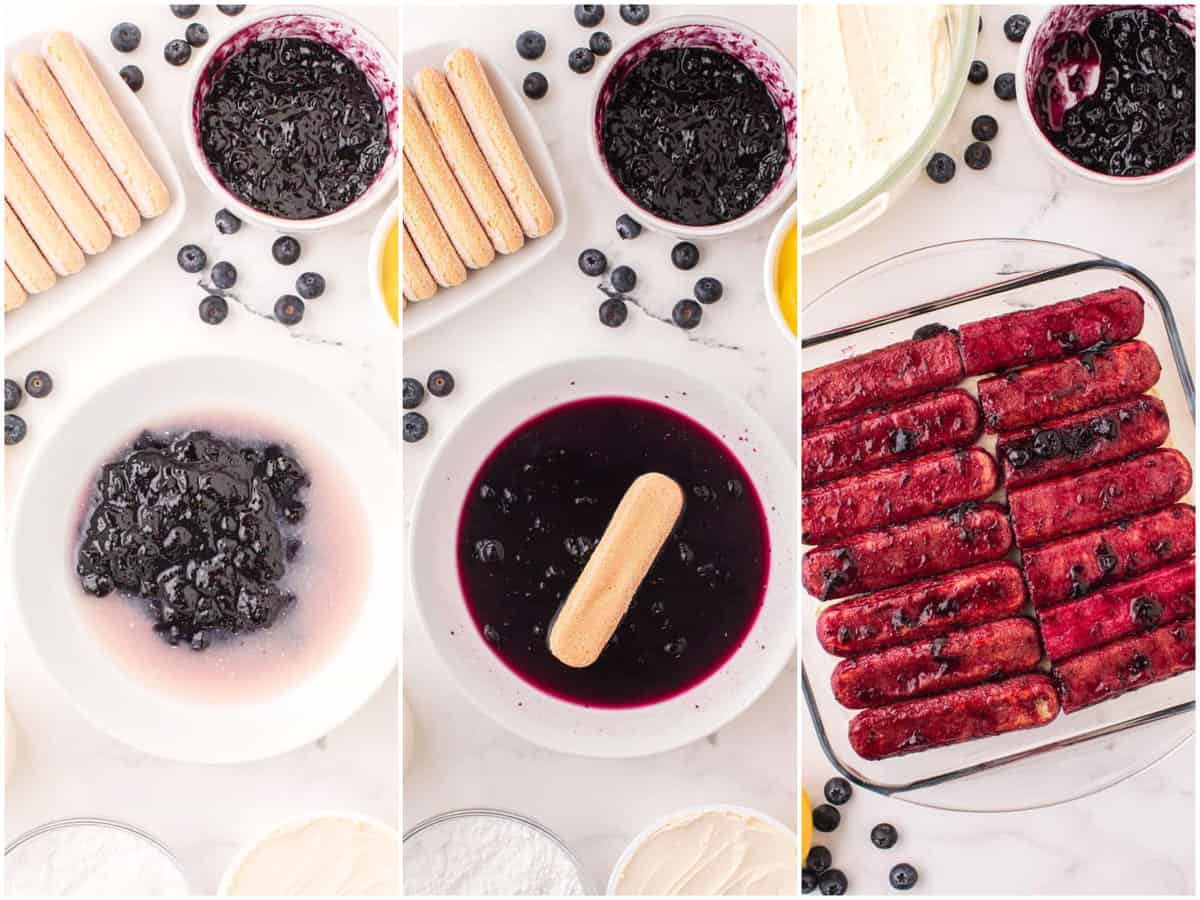 collage of three photos: a shallow mixing bowl with blueberry preserves and lemon juice; a lady finger in a blueberry lemon mixture; a baking dish with blueberry preserve soaked lady fingers. 