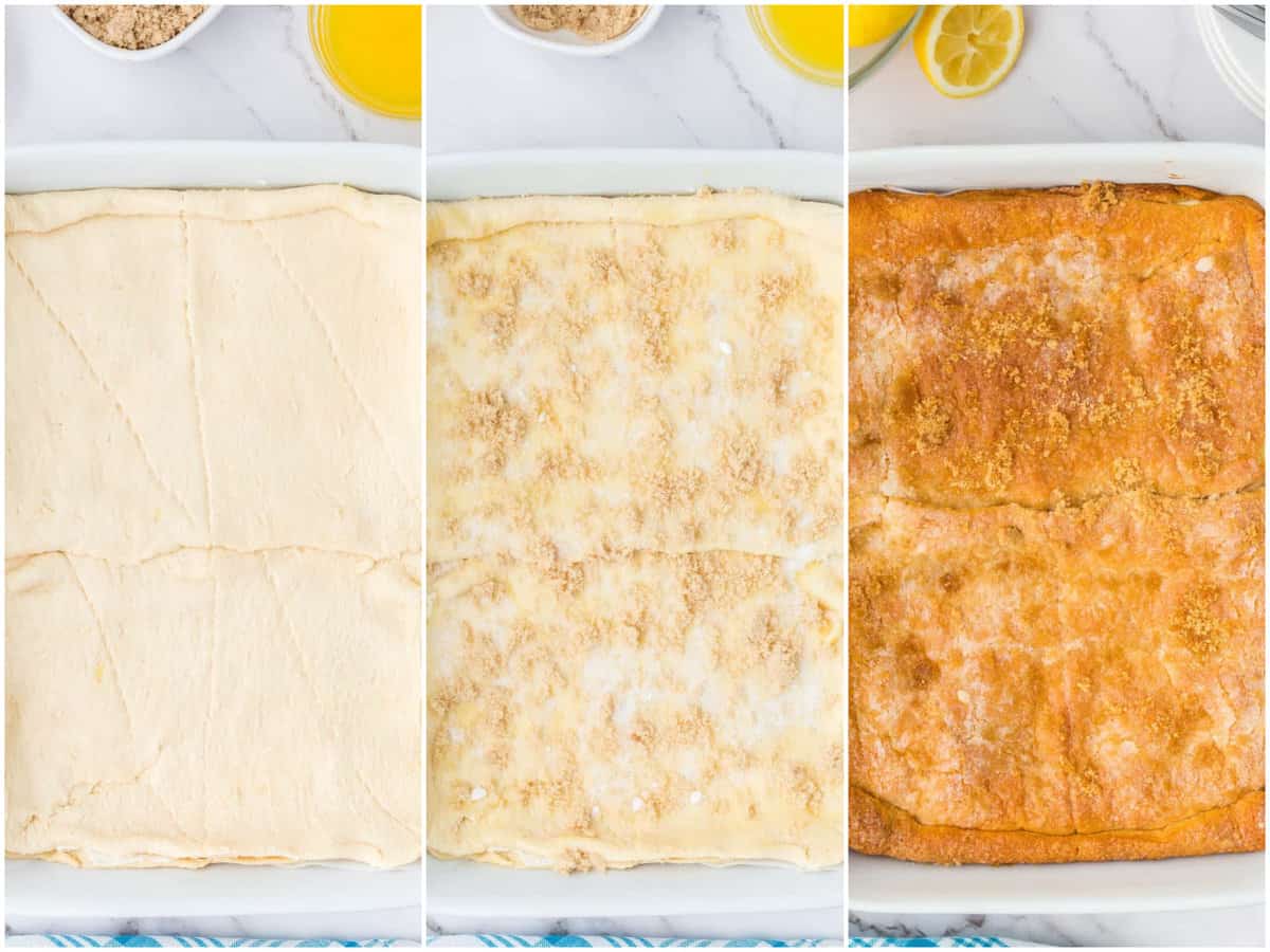 a collage of three photos: another layer of crescent roll dough on top of the cream cheese mixture, brown sugar and white sugar on top of buttered crescent roll dough and fully baked lemon cheesecake bars in baking dish. 