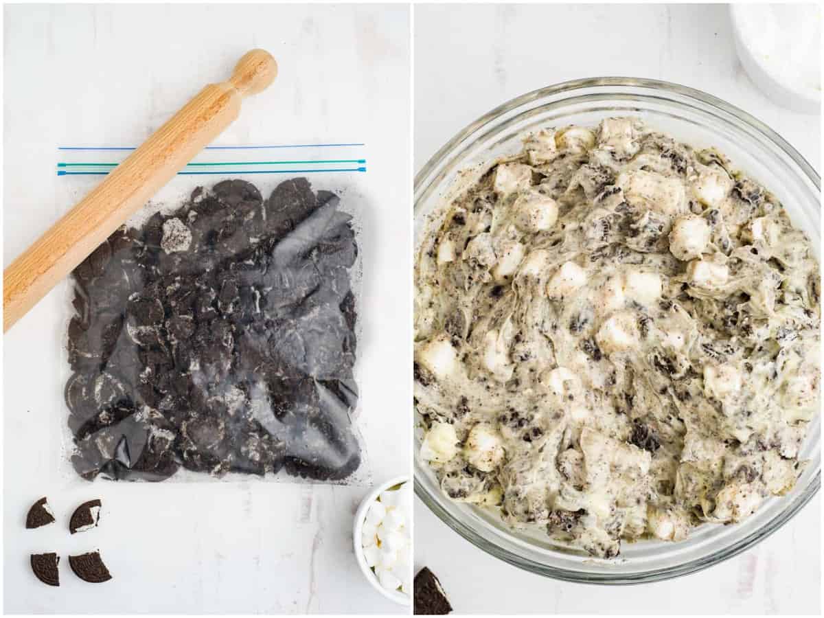 collage of two photos: Oreos in a ziplock bag with a rolling pin; crushed Oreo cookies, Cool Whip and mini marshmallows added to pudding mixture in clear bowl.