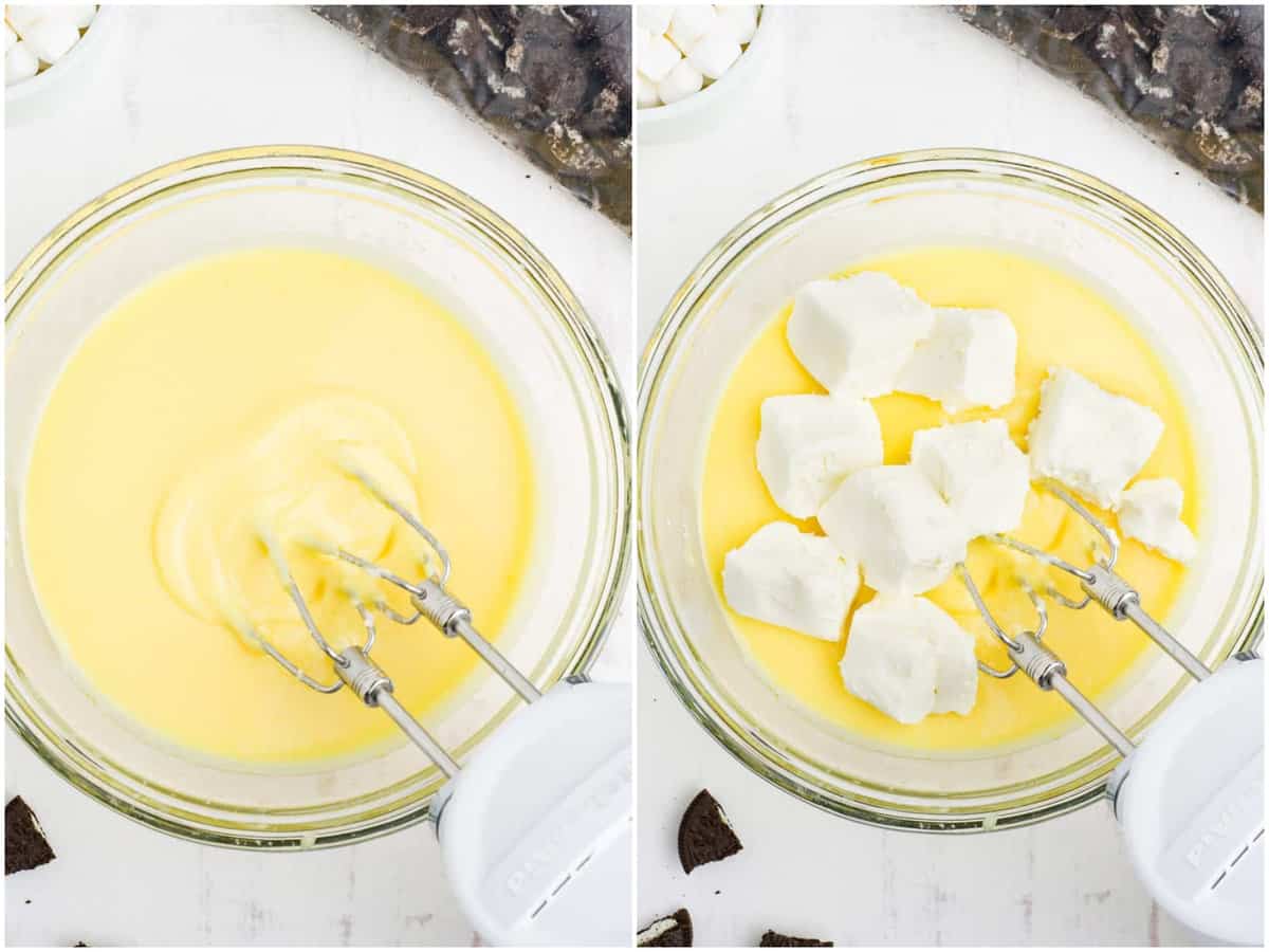 collage of two photos: a clear bowl of vanilla pudding mix and milk being mixed together with an electric mixer; cream cheese chunks in the pudding mixture. 