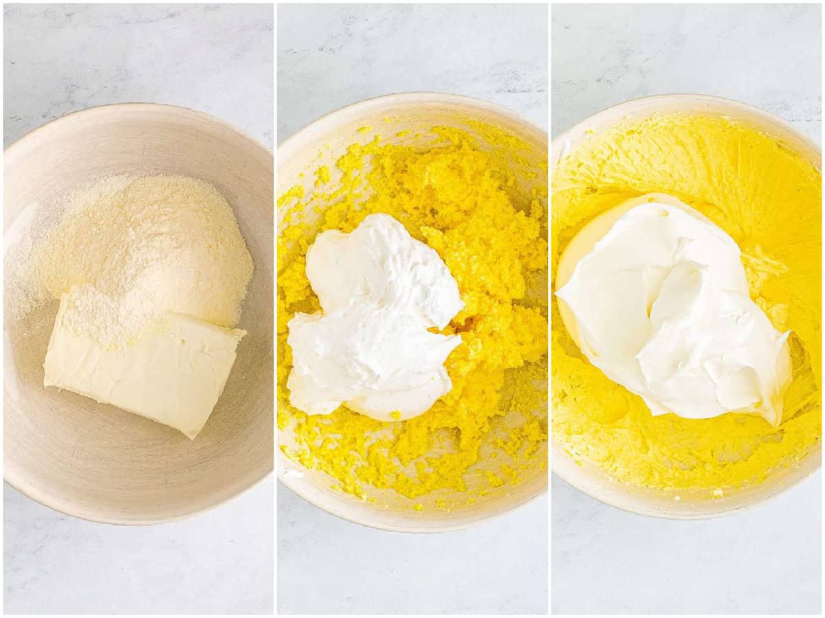 a collage of three photos: cream cheese and vanilla pudding mix in a mixing bowl, Marshmallow fluff on top of yellow mixture in bowl and whipped topping on top of fluff, pudding and cream cheese mixture. 