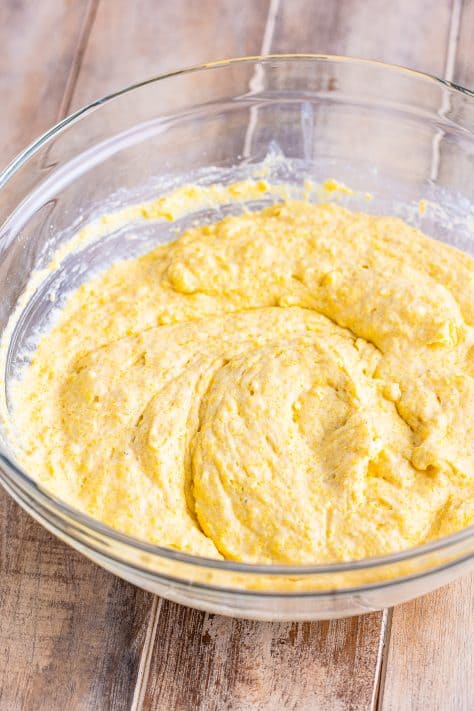 The wet and dry ingredients mixed together to make cornbread batter.