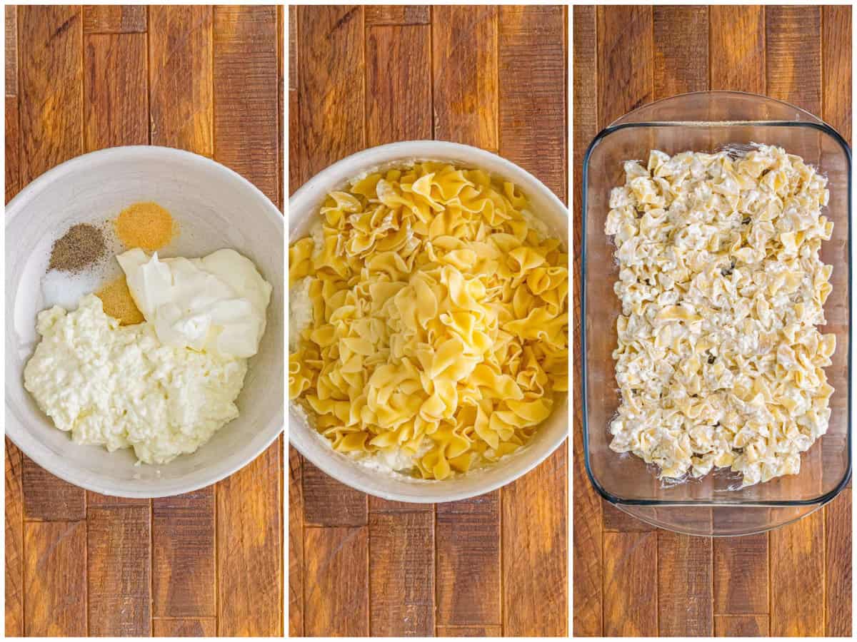 a collage of three photos: a mixing bowl with cottage cheese, sour cream, salt, pepper, garlic powder, and onion powder, egg noodles on top of the cottage cheese mixture in bowl and the sour cream noodle mixture shown in the bottom of a clear baking dish.
