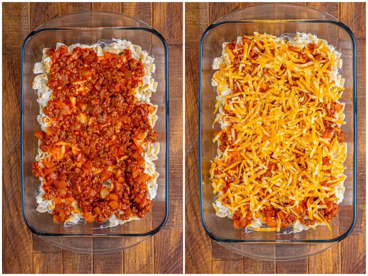 a collage of two photos: a layer of ground beef and sauce on top of the sour cream and noodle mixture in a baking dish and shredded cheese shown on top of tomato sauce layer. 