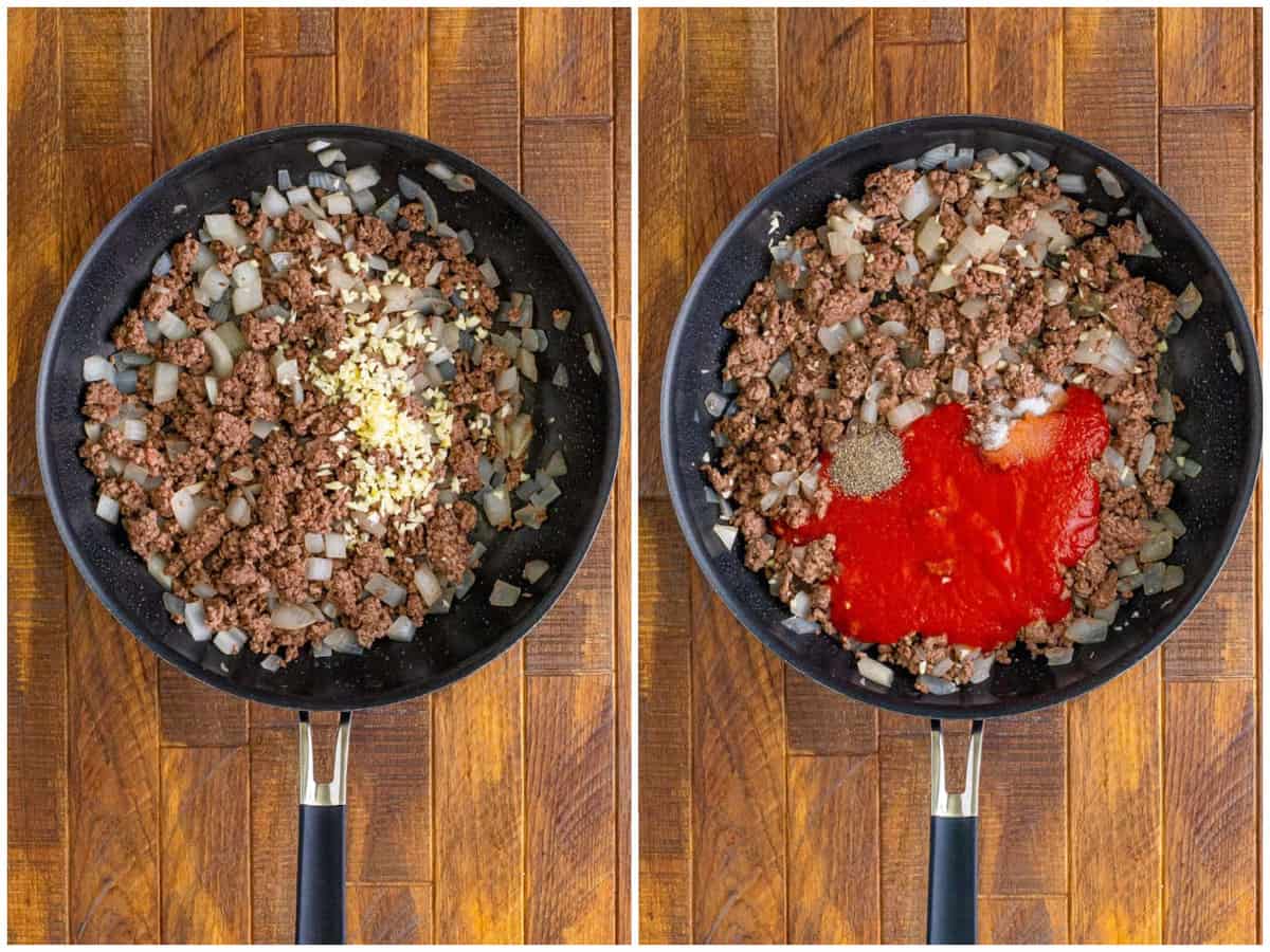 a collage of two photos: ground beef, garlic, and onions in a black skillet and tomato sauce and salt and pepper added to the ground beef in the skillet. 