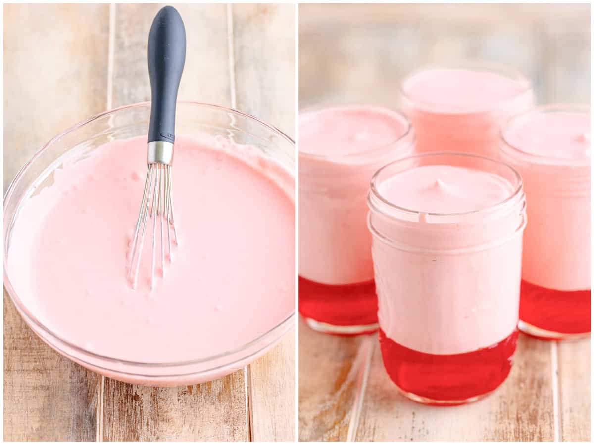 a collage of two photos: a mixing bowl of freshly whisked strawberry Jell-O and whip cream, four mason jars with strawberry Jell-O and a strawberry Jell-O whipped cream mixture on top.