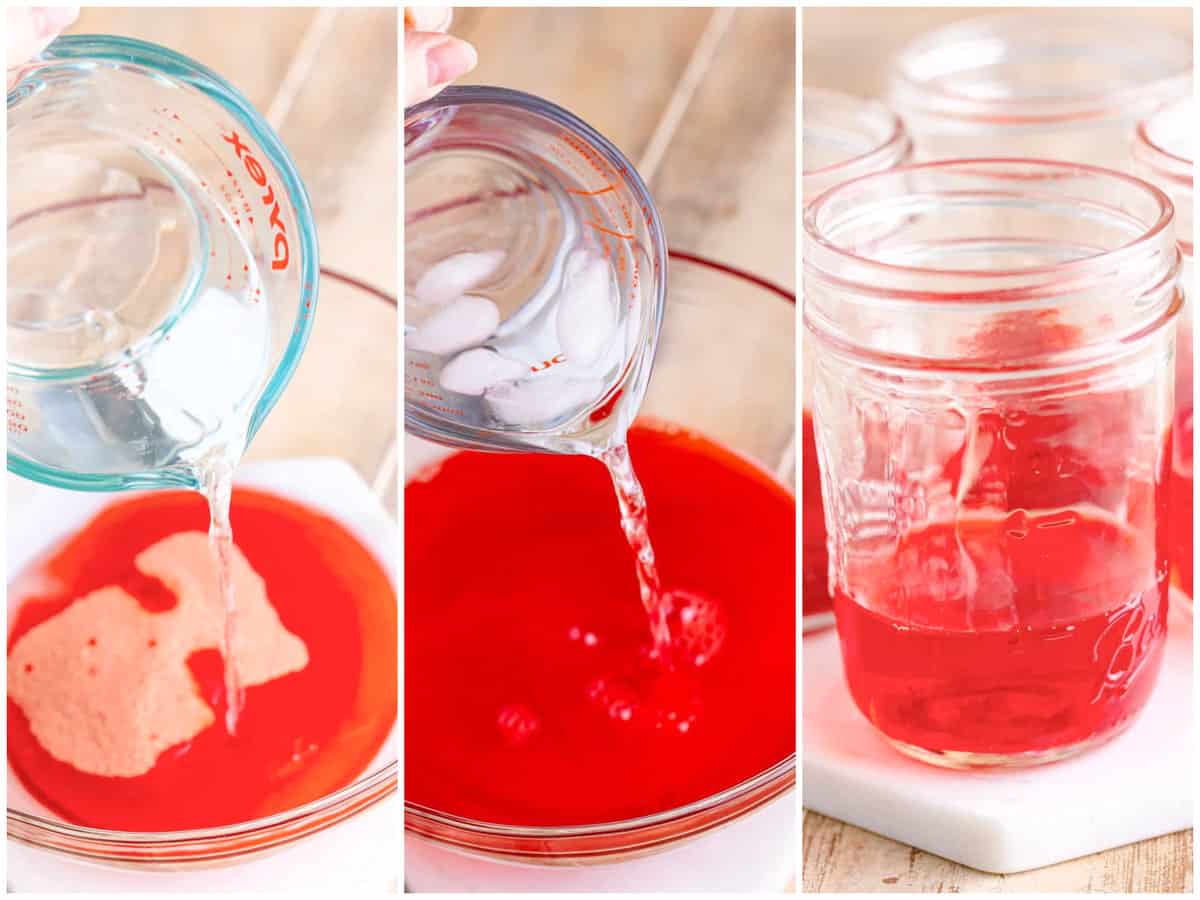a collage of three photos: glass measuring cup pouring water in a mixing bowl, ice water being poured into jell-o mixture and jell-o mixture poured into the bottom of small mason jars.