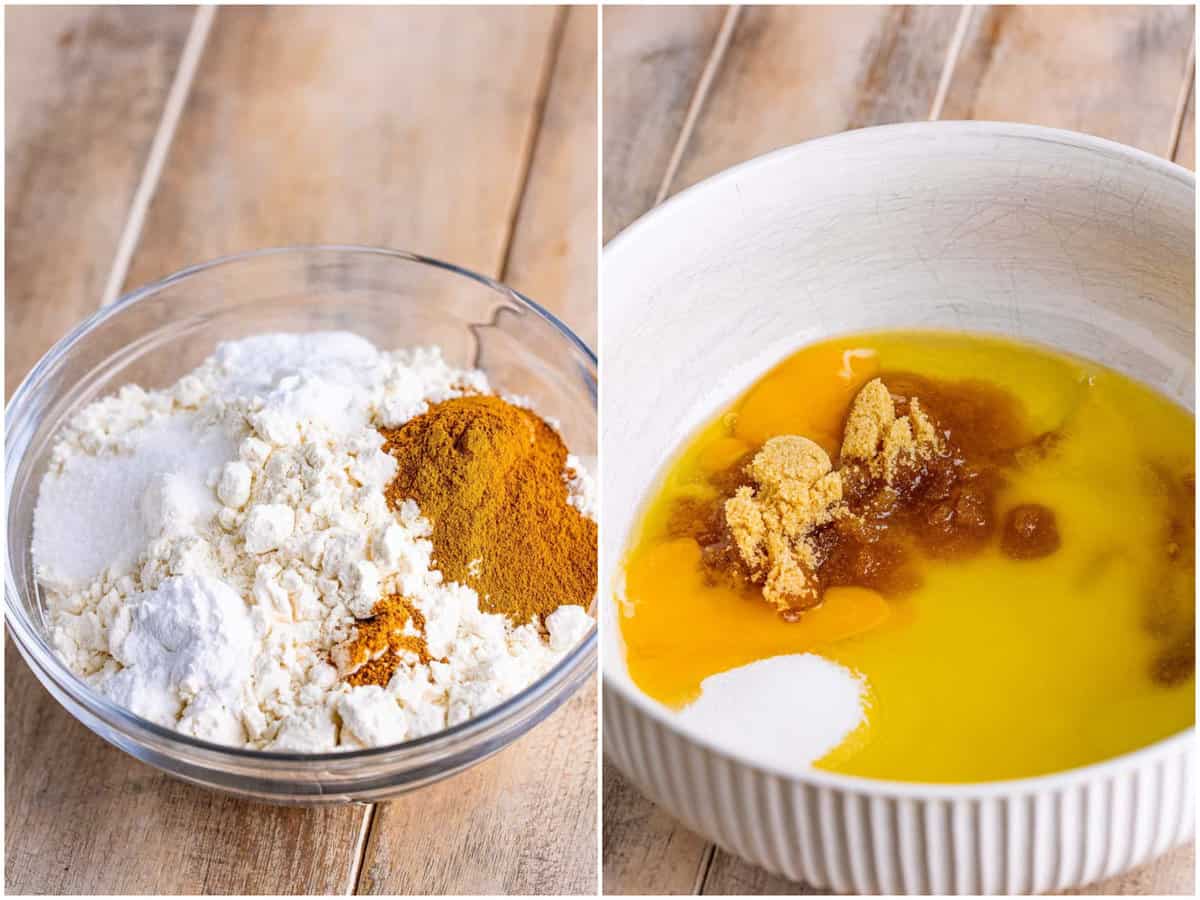 a collage of two photos: a mixing bowl with flour, salt, baking powder, baking soda, cinnamon, and nutmeg; a separate mixing bowl with egg, egg yolk, oil, butter, brown sugar, granulated sugar, and vanilla.