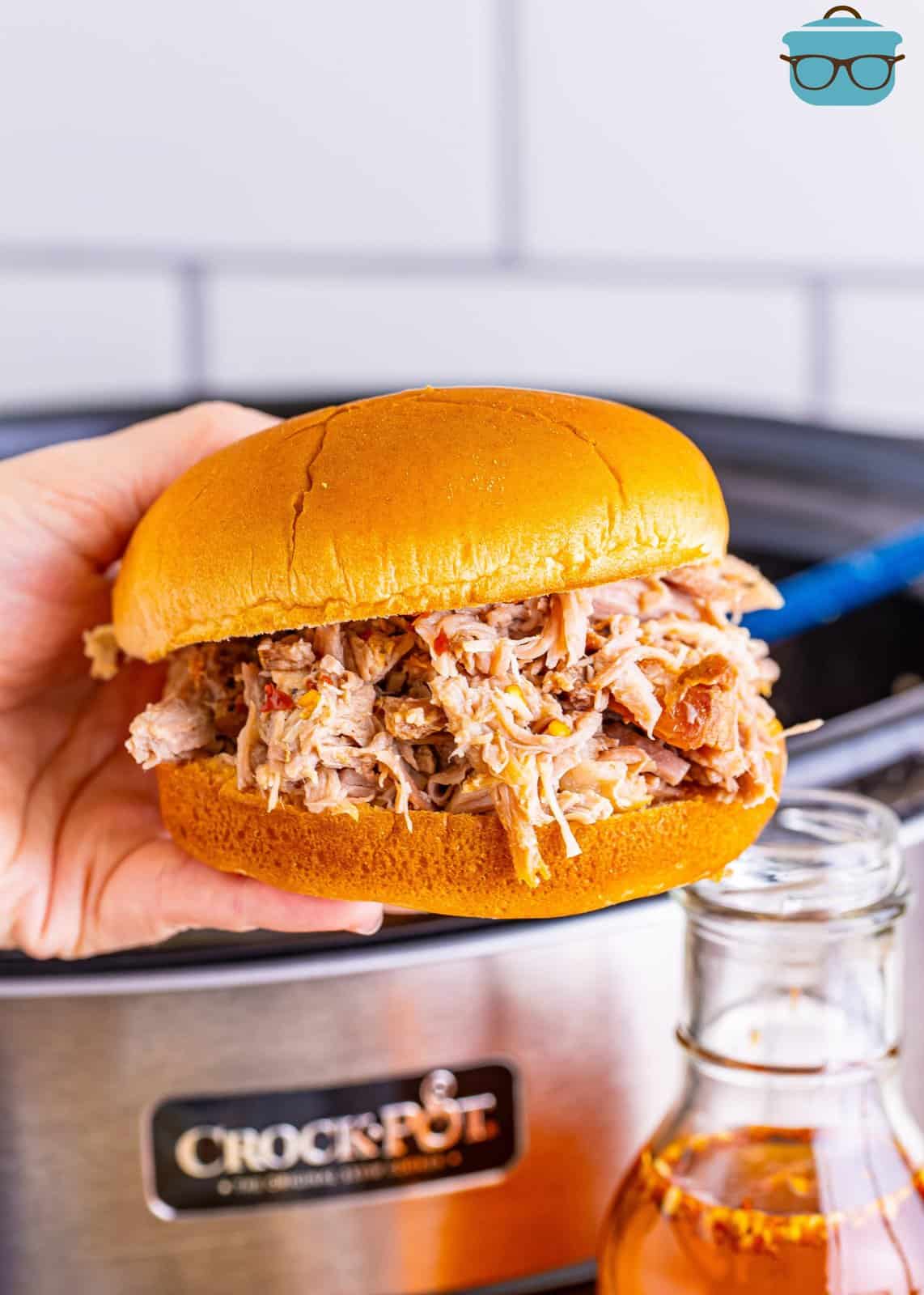A hand holding a pulled pork sandwich.