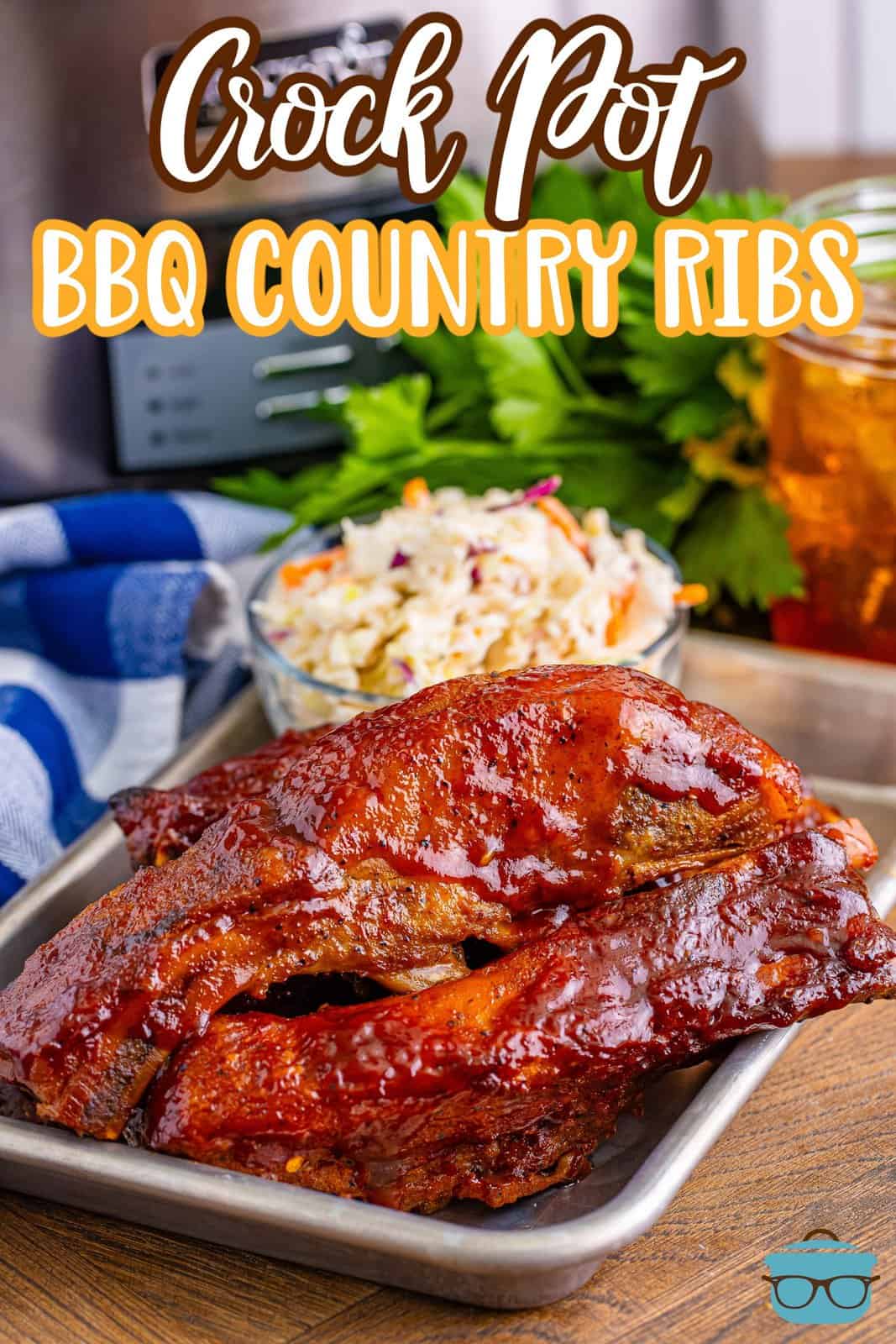 A serving plate with BBQ Country Style Ribs made in the Crock Pot.