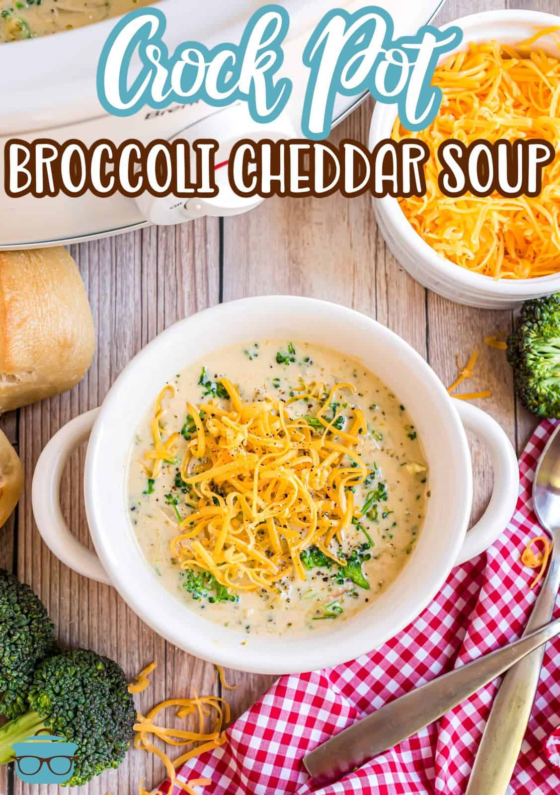 A large bowl of Broccoli Cheddar Soup made in the crock pot.