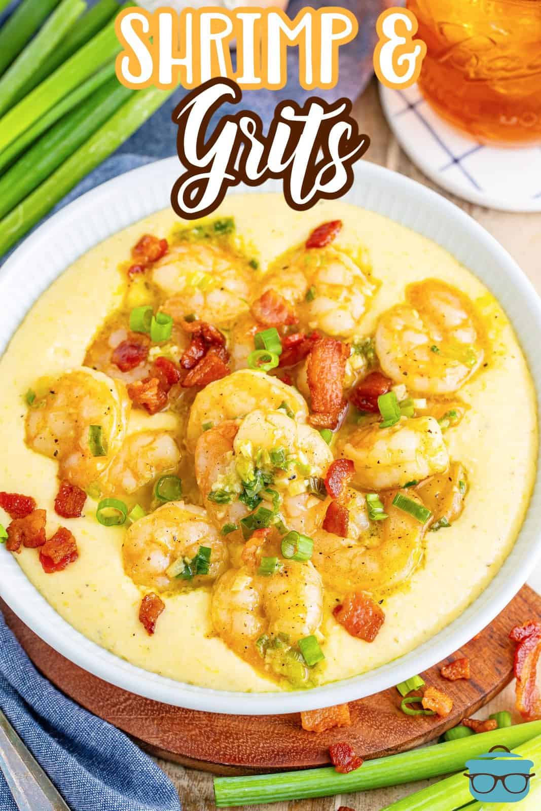 A beautiful bowl of cheesy shrimp and grits.