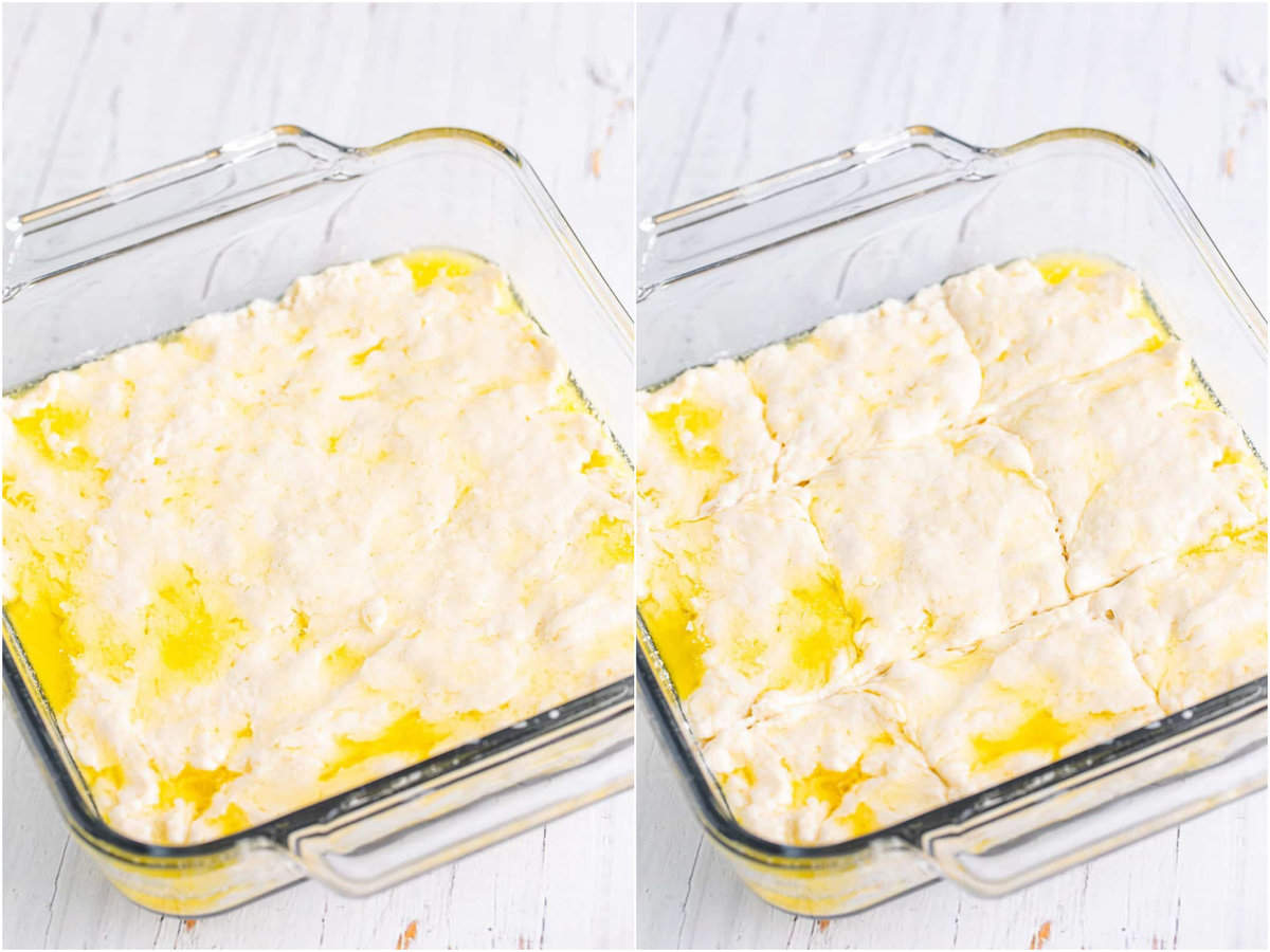 collage of two photos: biscuit dough in a baking dish; biscuit dough with butter, cut into 9 squares on top of the dough.