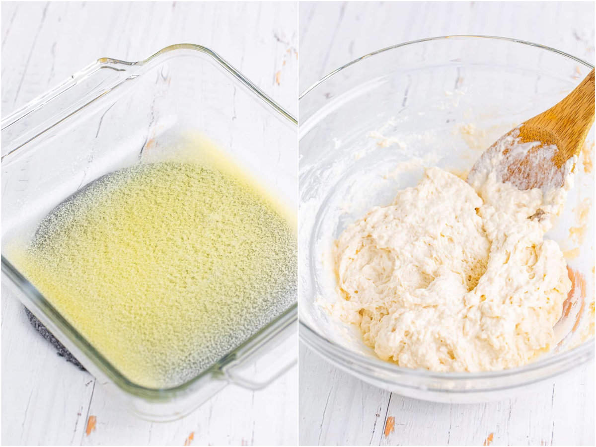 a collage of two photos: melted butter in a baking dish; biscuit dough with a wooden spoon in a bowl. 