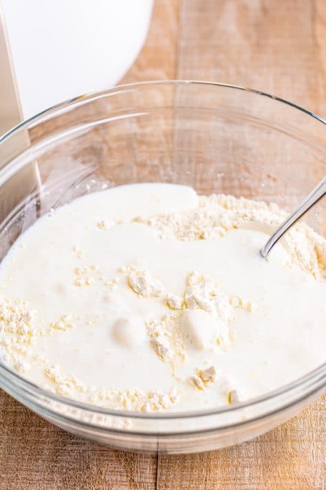Buttermilk, e all-purpose flour, granulated sugar, aluminum-free baking powder, and salt in a mixing bowl.