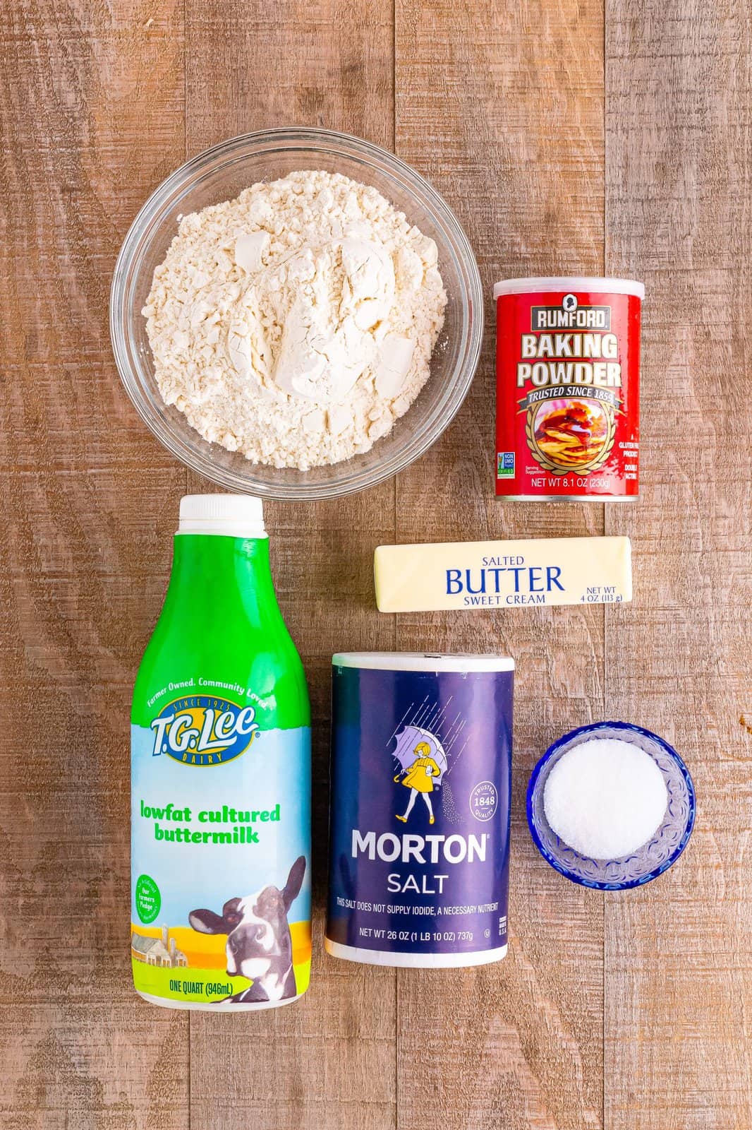 Butter, all purpose flour, aluminum free baking powder, salt, sugar, and buttermilk. 