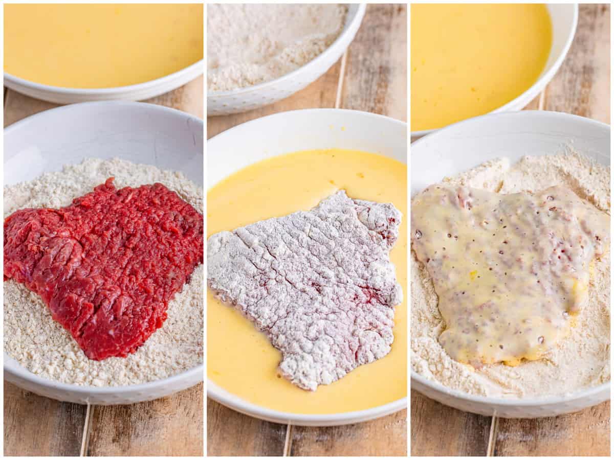 a collage of three photos: a cube steak in the bowl with the flour mixture; flour covered cubed steak in the buttermilk mixture; coated cubed steak in the flour bowl mixture a second time. 