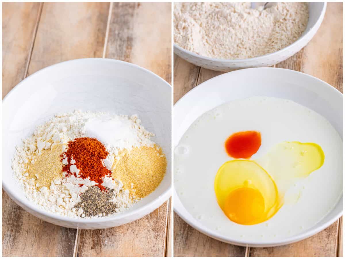 a collage of two photos: a shallow mixing bowl with flour, garlic powder, onion powder, paprika, salt, and pepper; a small mixing bowl with  buttermilk, egg, and hot sauce.
