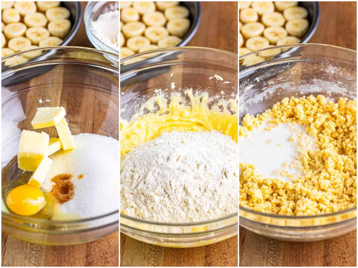 a collage of three photos: a mixing bowl with unsalted butter, granulated sugar, egg and vanilla extract; flour mixture added to the bowl with butter mixture; milk added to cake batter mixture in bowl. 