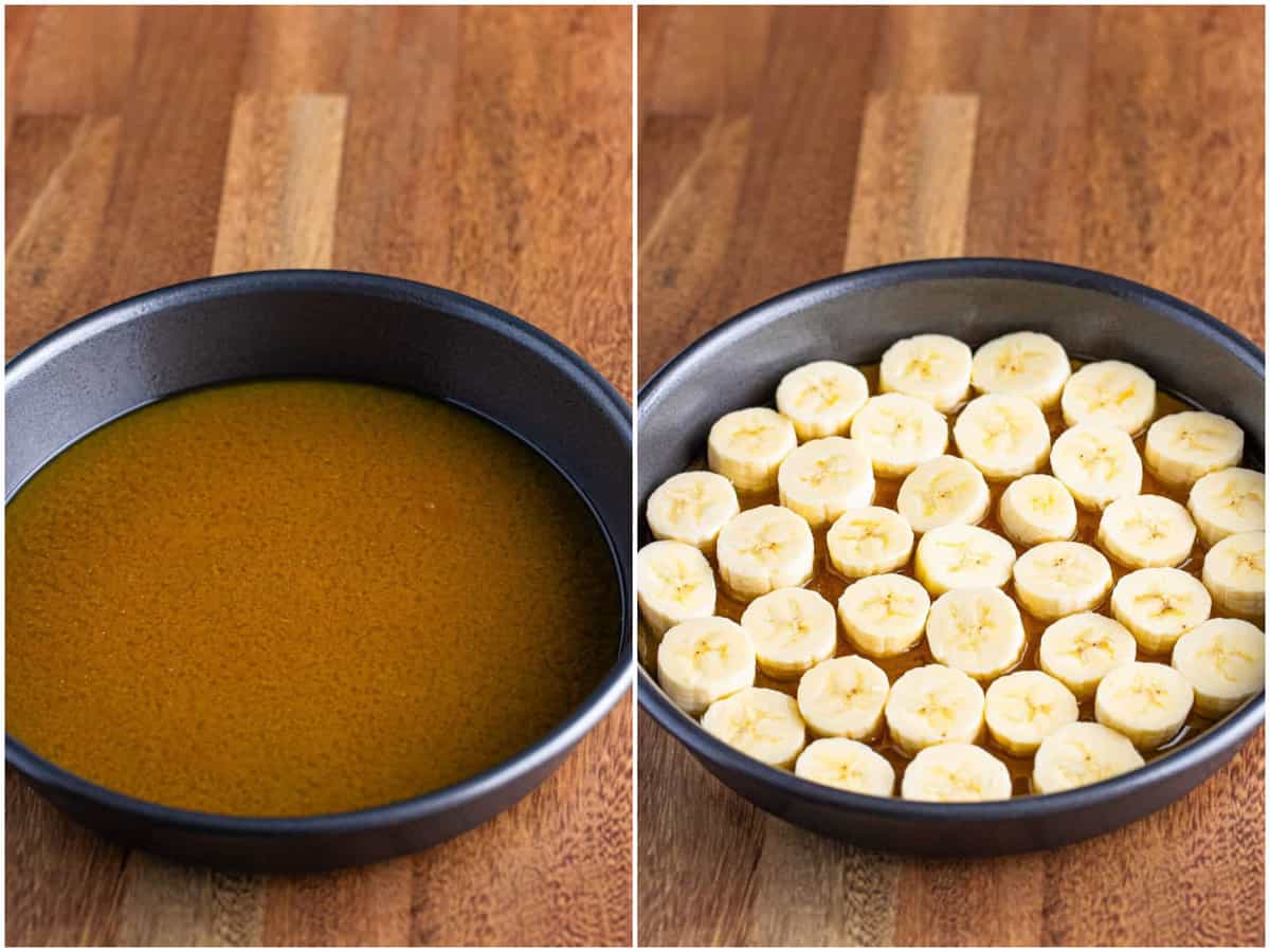 a collage of two photos: brown sugar butter mixture on the bottom of a round pan; sliced banana son top of the brown sugar butter mixture in a pan.