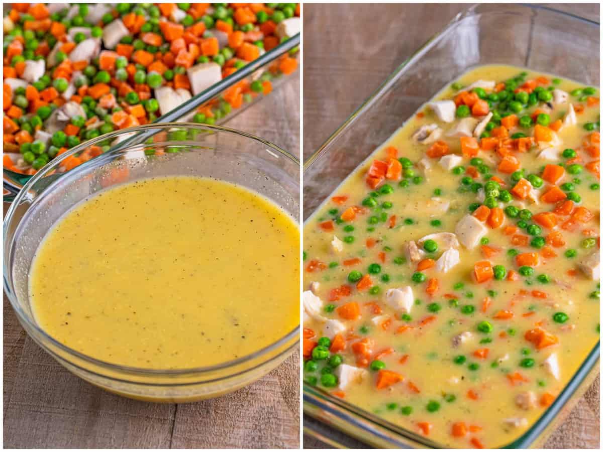 collage of two photos: a small glass bowl of cream of chicken soup, chicken broth, garlic powder, onion powder and black pepper; this mixture poured on top of the peas and carrots layer in baking dish.
