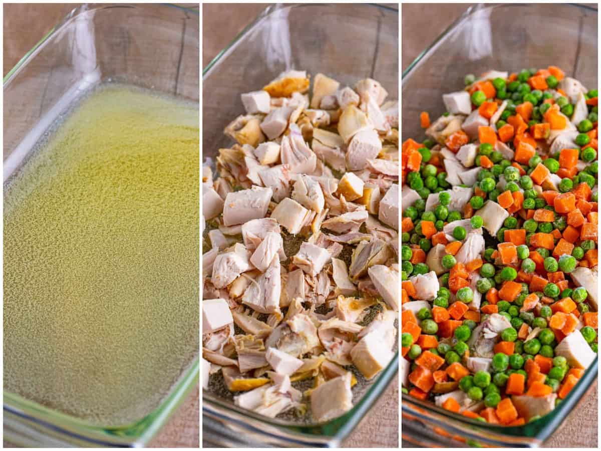 collage of three photos: melted butter in a baking dish; chopped chicken layered on top of butter; frozen peas and carrots layered on top of chicken. 