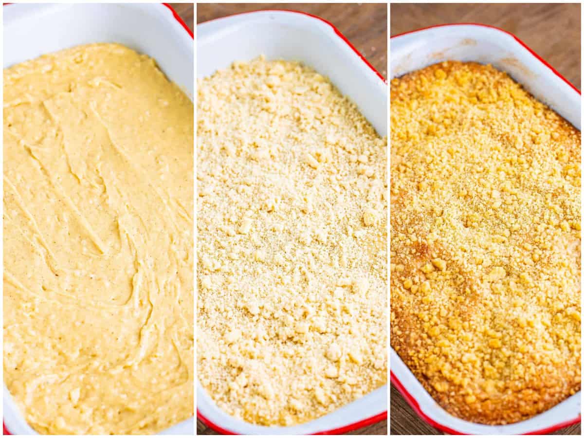 a collage of three photos: cowboy bread batter in a baking dish; crumble  topping spread on top of batter; fully baked cowboy bread in baking dish. 