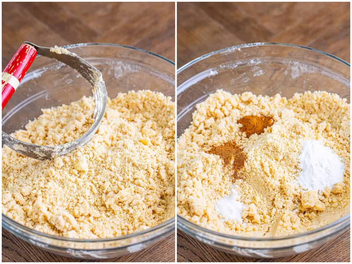 collage of two photos: a pastry cutter over some mixed flour, brown sugar, shortening, butter and salt in a glass mixing bowl; nutmeg, cinnamon, baking soda and baking powder added to bowl with crumb mixture. 