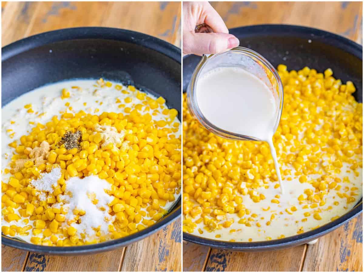 a collage of two photos: a skillet with thawed corn, heavy cream, salt, pepper, garlic powder, onion powder, and sugar; milk and flour mixture being poured into the corn mixture in the skillet. 