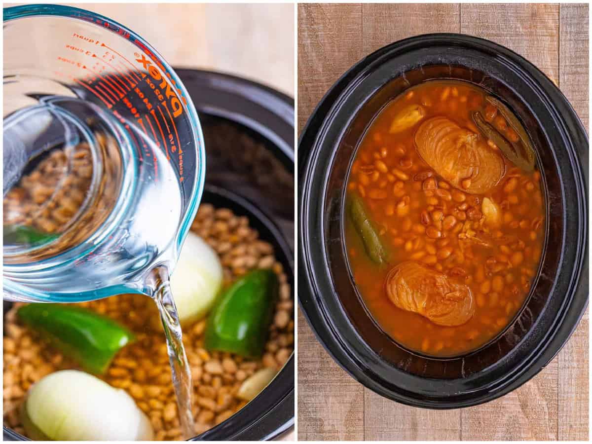 collage of two photos: water shown being poured into the slow cooker with the beans; fully cooked beans in the slow cooker before mashing, 