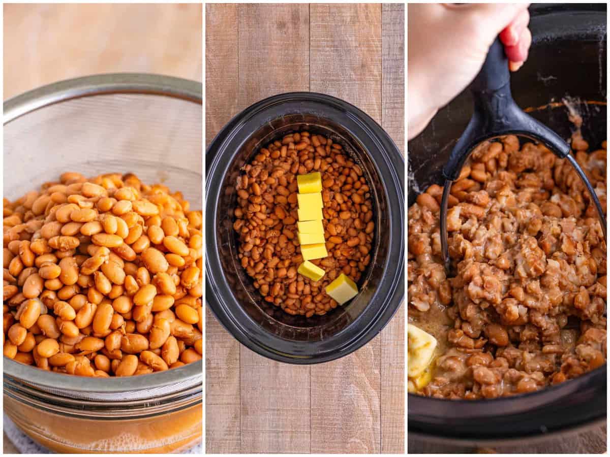 a collage of three photos: beans being drained in a colander over a bowl; cubes of butter on top of pinto beans in the slow cooker; a potato masher mashing up the beans in the slow cooker. 