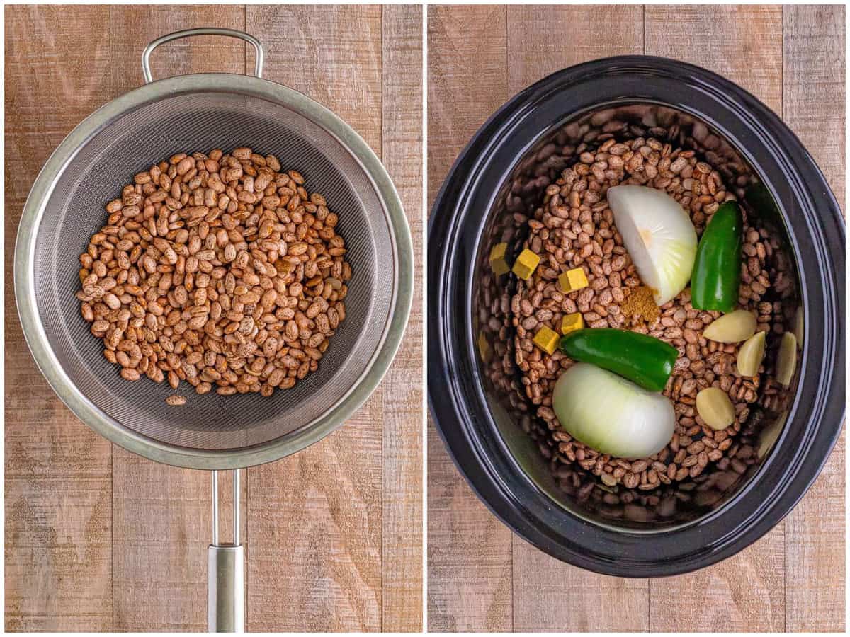 collage of two photos: pinto beans in a strainer; pinto beans, onion halves, jalapeños, bouillon cubes, garlic cloves, and cumin in an oval slow cooker. 