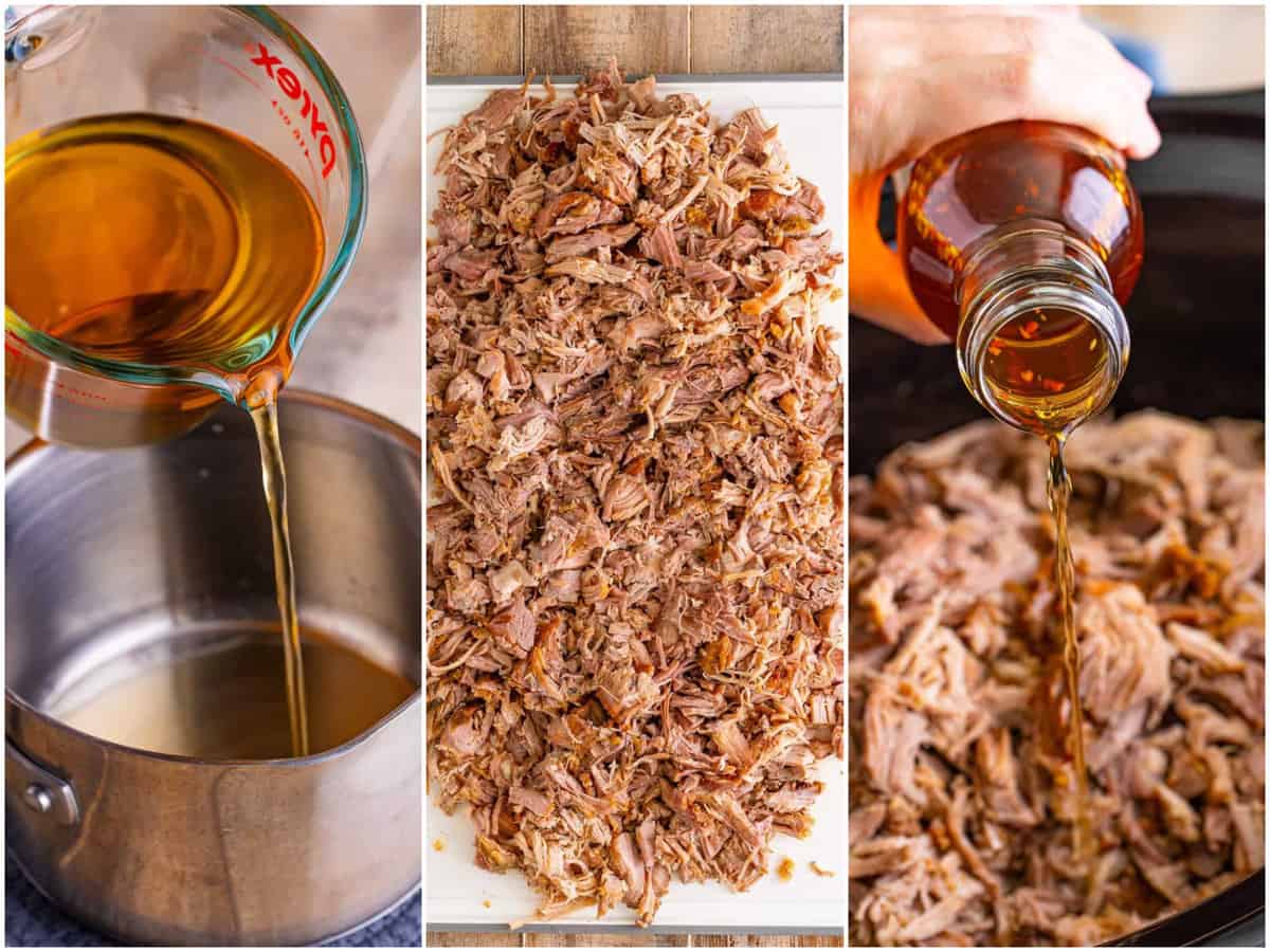 a collage of three photos: apple cider vinegar being poured in a pot; shredded pulled pork on a cutting board; vinegar sauce being drizzled on top of Pulled Pork in a crock pot. 