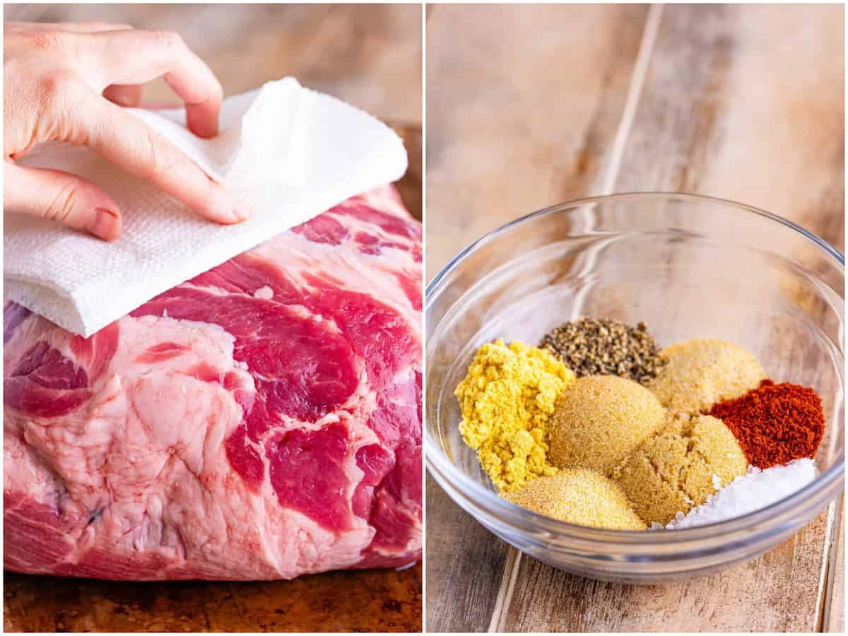 a collage of two photos: a pork roast being patted dry by a paper towel; brown sugar, salt, garlic powder, mustard powder, paprika, onion powder, and black pepper in a clear small bowl.