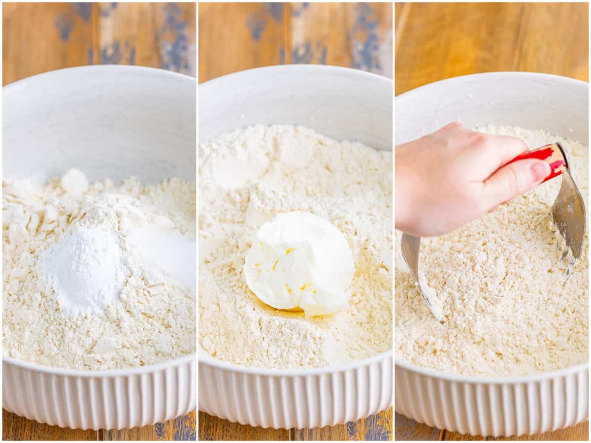 collage of three photos: flour, baking powder, and salt in a large bowl; a ball of shortening on top of flour mixture in bowl; a pastry cutter cutting in the shortening. 