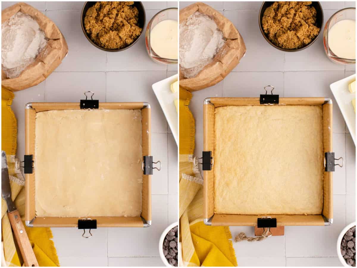 collage of two photos: shortbread batter pressed into a square pan; baked shortbread layer in square pan.