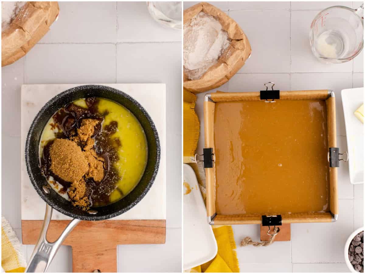 collage of two photos: a saucepan with melted butter, dark brown sugar, and condensed milk; caramel layer of a homemade Twix bar in a baking dish.