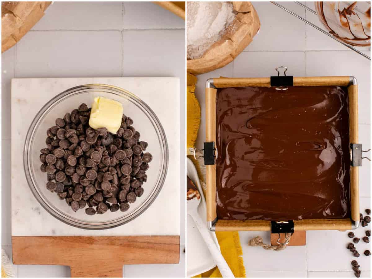 a collage of two photos: a small mixing bowl with chocolate chips and butter; melted chocolate spread on top of caramel layer in baking dish. 
