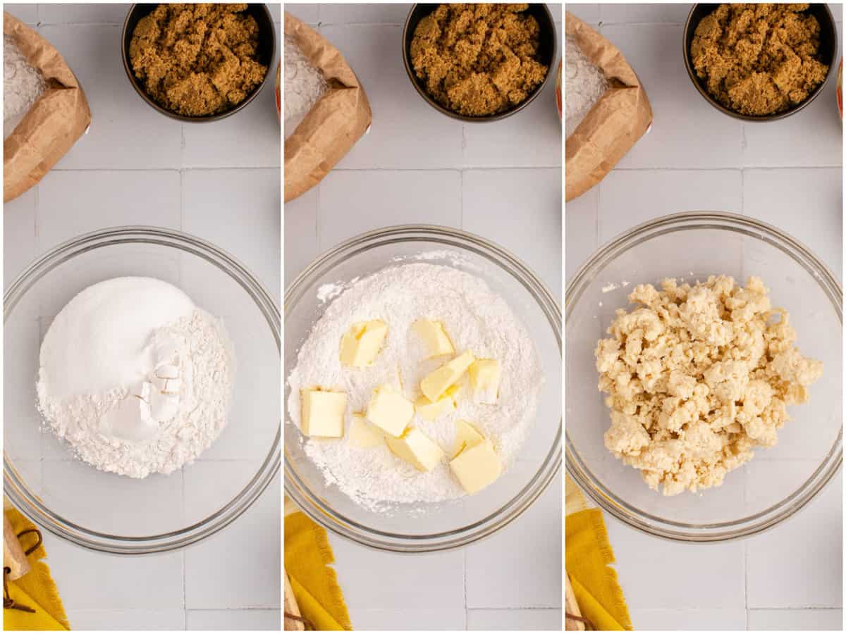 collage of three photos: flour and sugar in a clear bowl; slices of butter added to bowl; butter and flour mixed together in a bowl. 