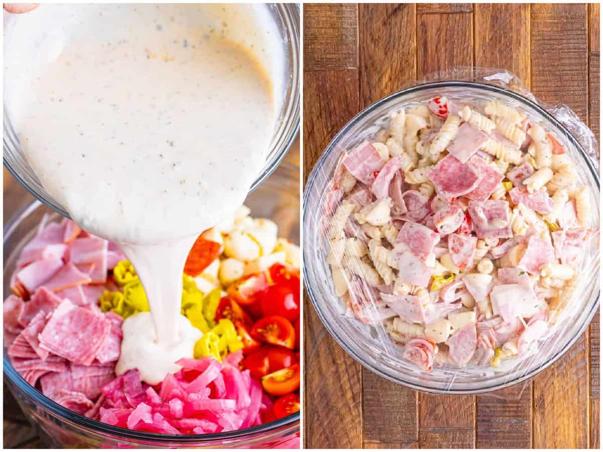 a collage of two photos: dressing being shown pouring into bowl with pasta salad ingredients; plastic wrap covering the bowl before going into the refrigerator.