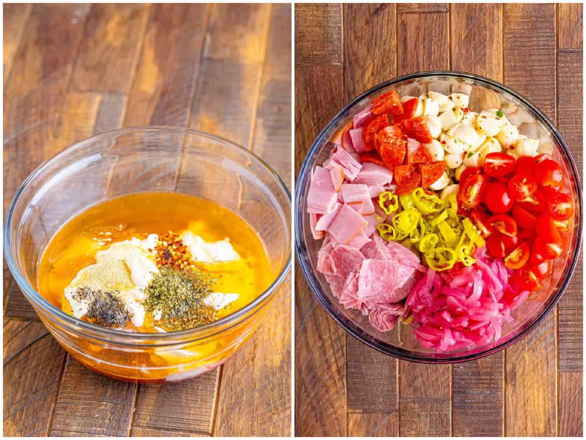 collage of two photos: pasta salad dressing ingredients shown in a smaller clear bowl; pasta salad ingredients shown in a large clear bowl. 