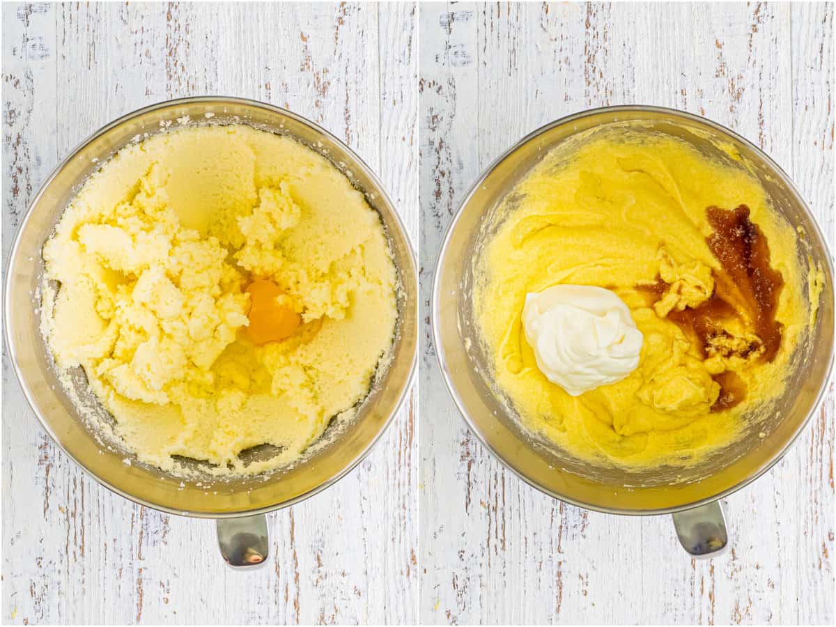 a collage of two photos: creamed butter with an egg in a stand mixer bowl; sour cream and vanilla extract added to butter mixture in stand mixer. 