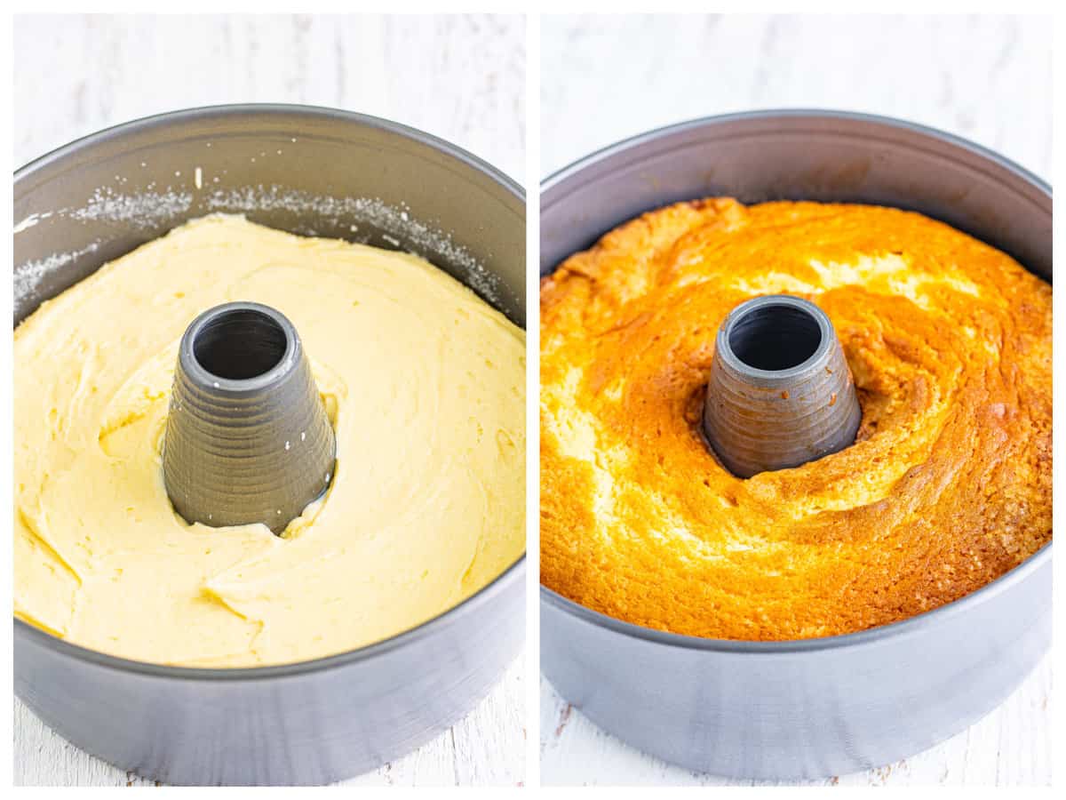 collage of two photos: raw cake batter in the tube pan; fully baked cake in the tube pan.